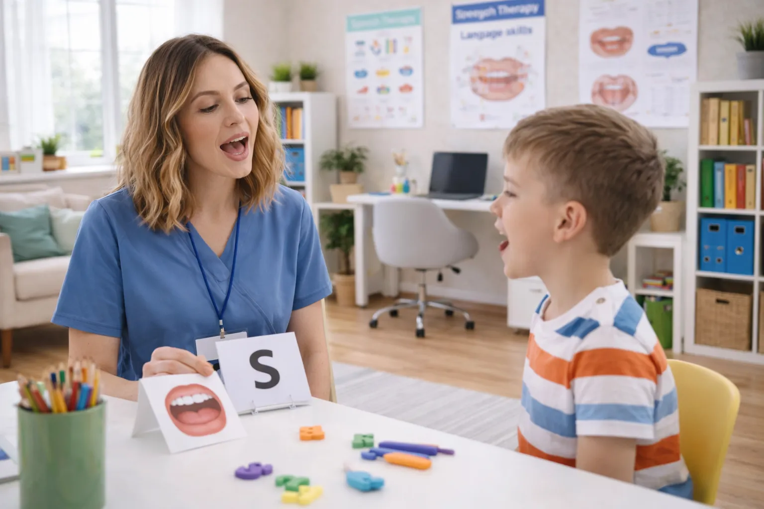 A speech-language pathologist working one-on-one with a smiling child