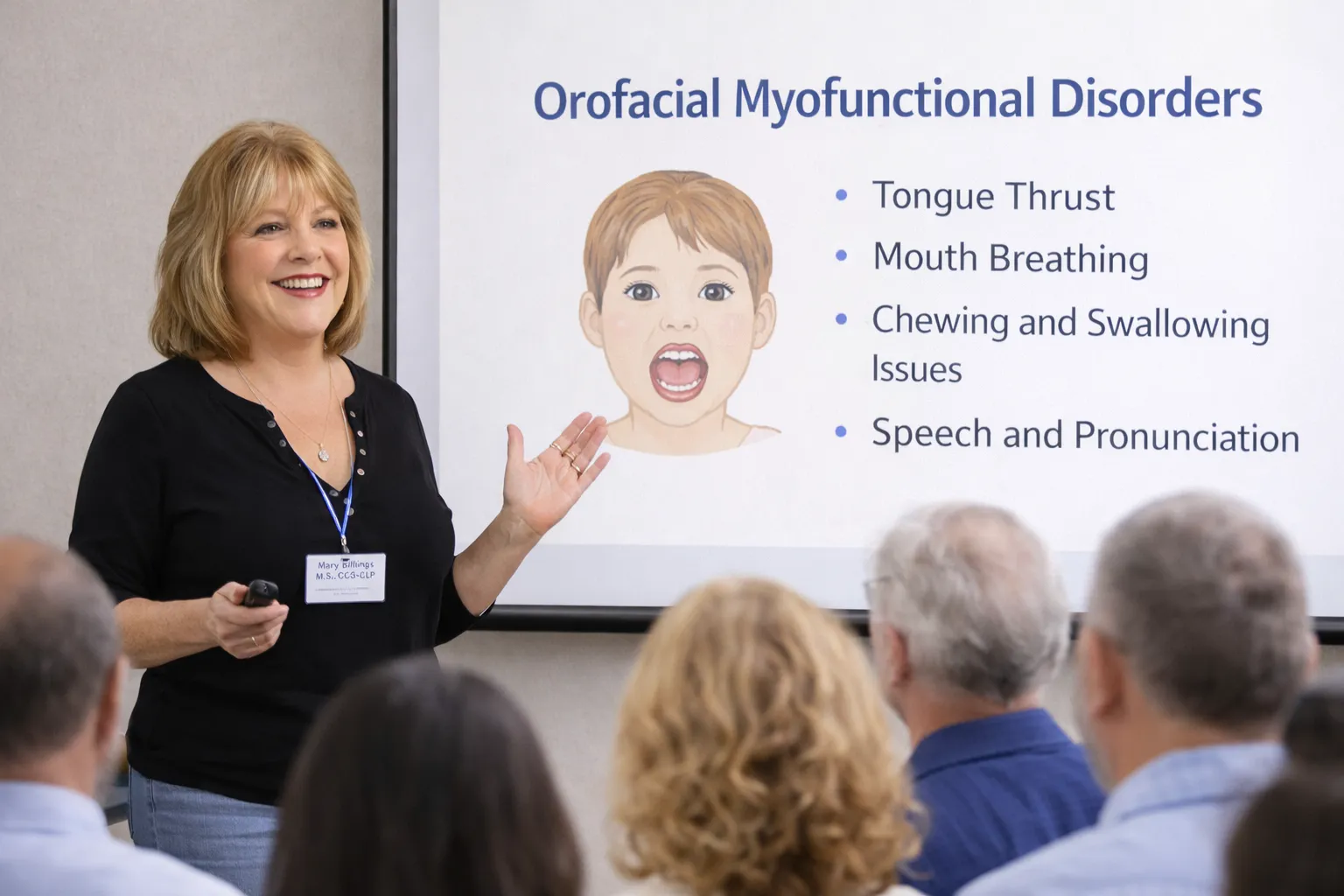 Mary Billings presenting on Orofacial Myofunctional Disorders to a group of professionals