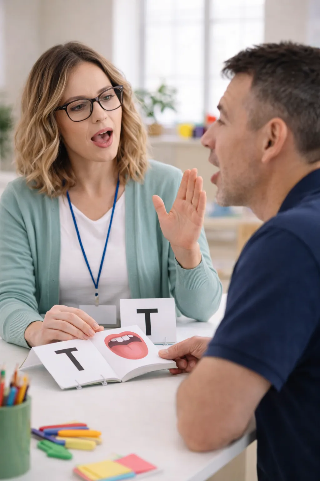 Adult speech therapist conducting a voice therapy session with a patient at Billings Speech Pathology Services in Kansas City