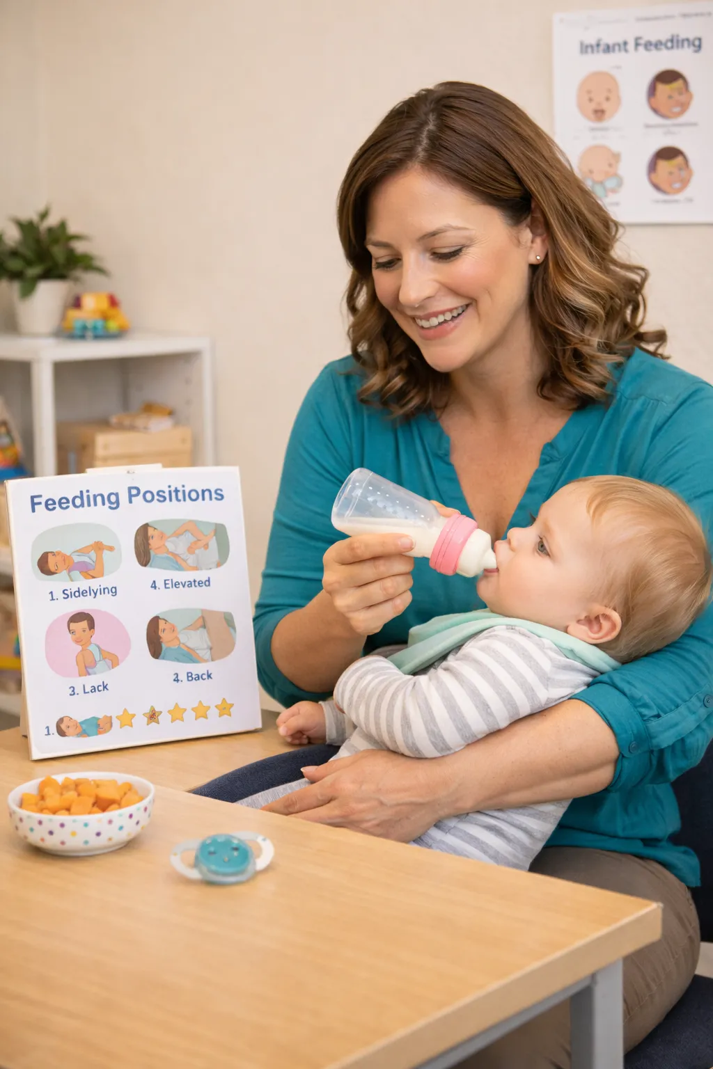 Speech therapist assisting with infant feeding during a therapy session