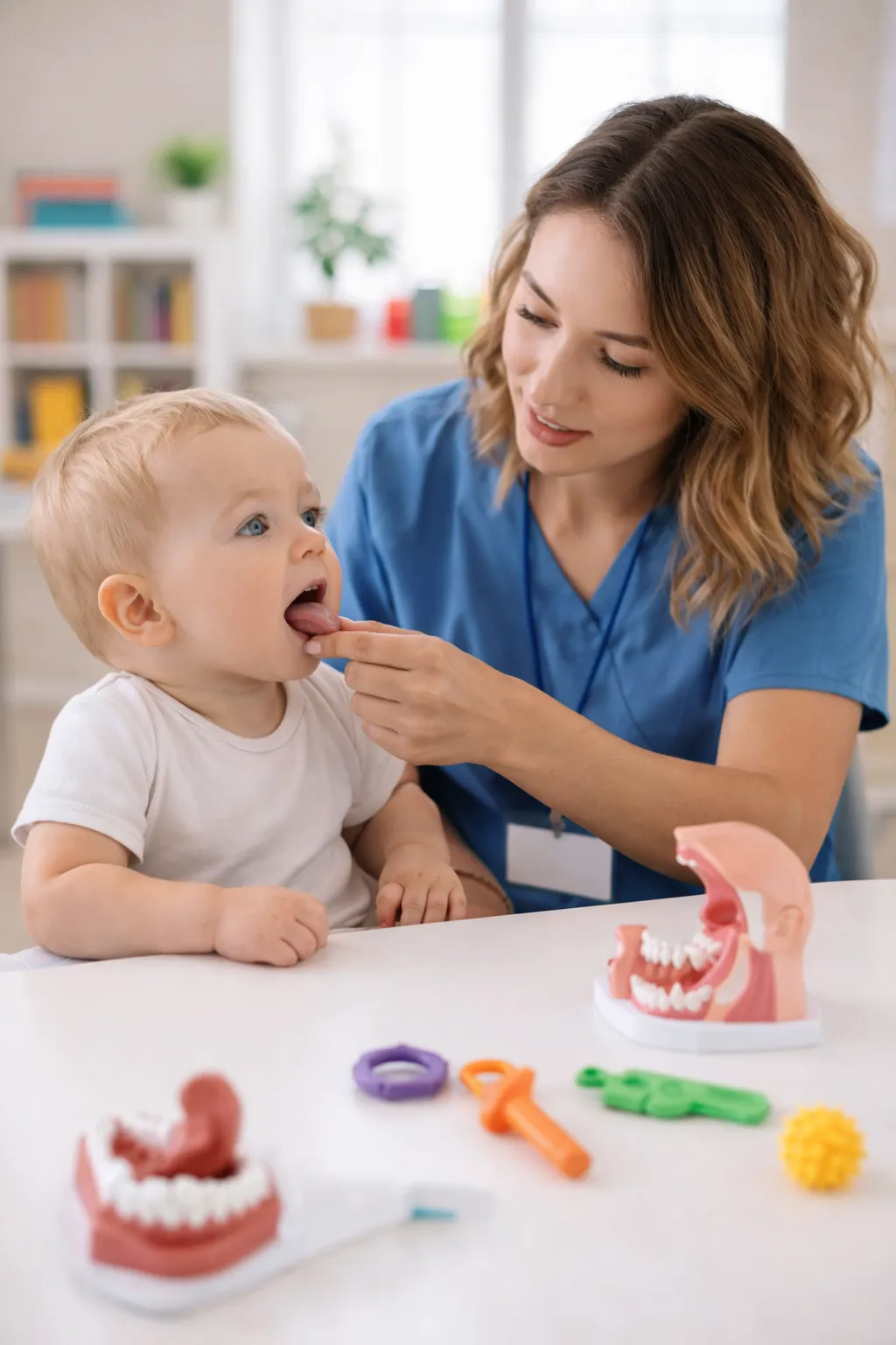 Feeding therapist gently examining an infant's oral structures during a pediatric feeding therapy session in Kansas City