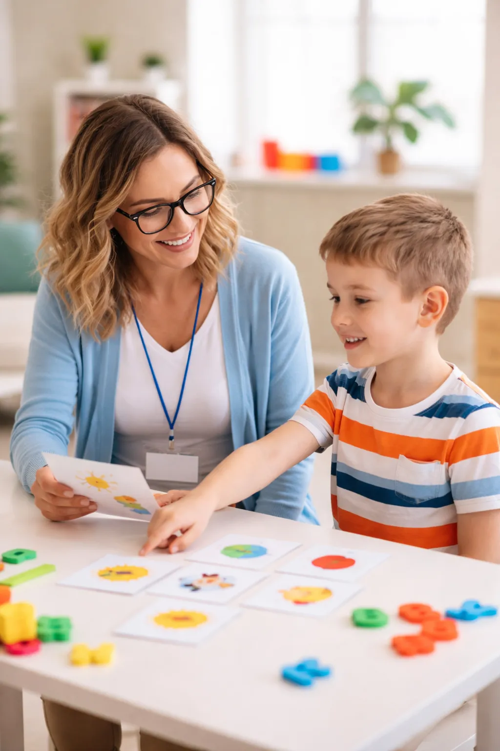 Pediatric speech-language pathologist engaging a child with therapy activities at BSPS Kansas City