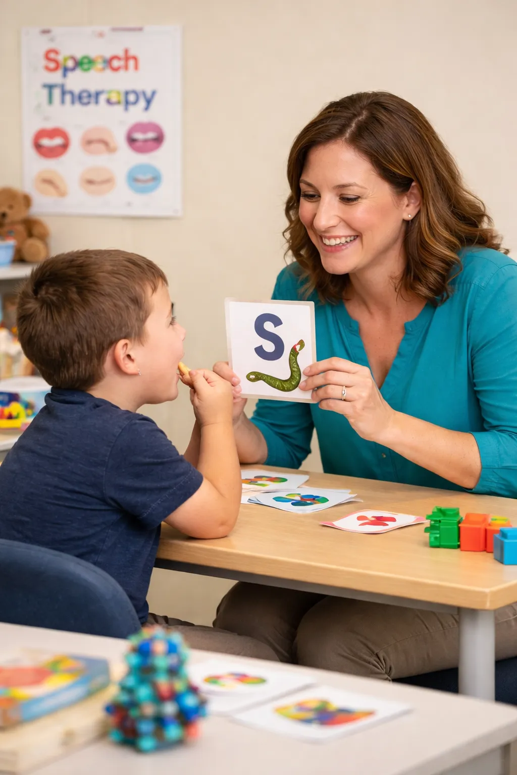 Speech therapist holding letter cards while working one-on-one with a young boy in a therapy room