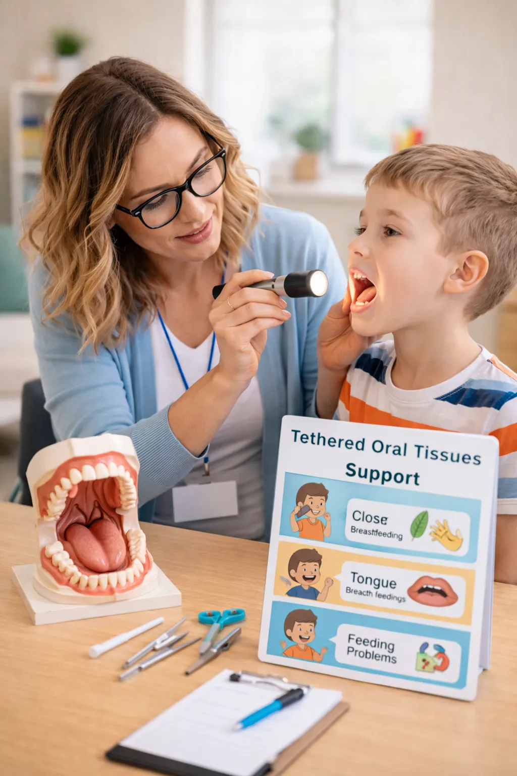 Speech therapist examining a child for tethered oral tissues