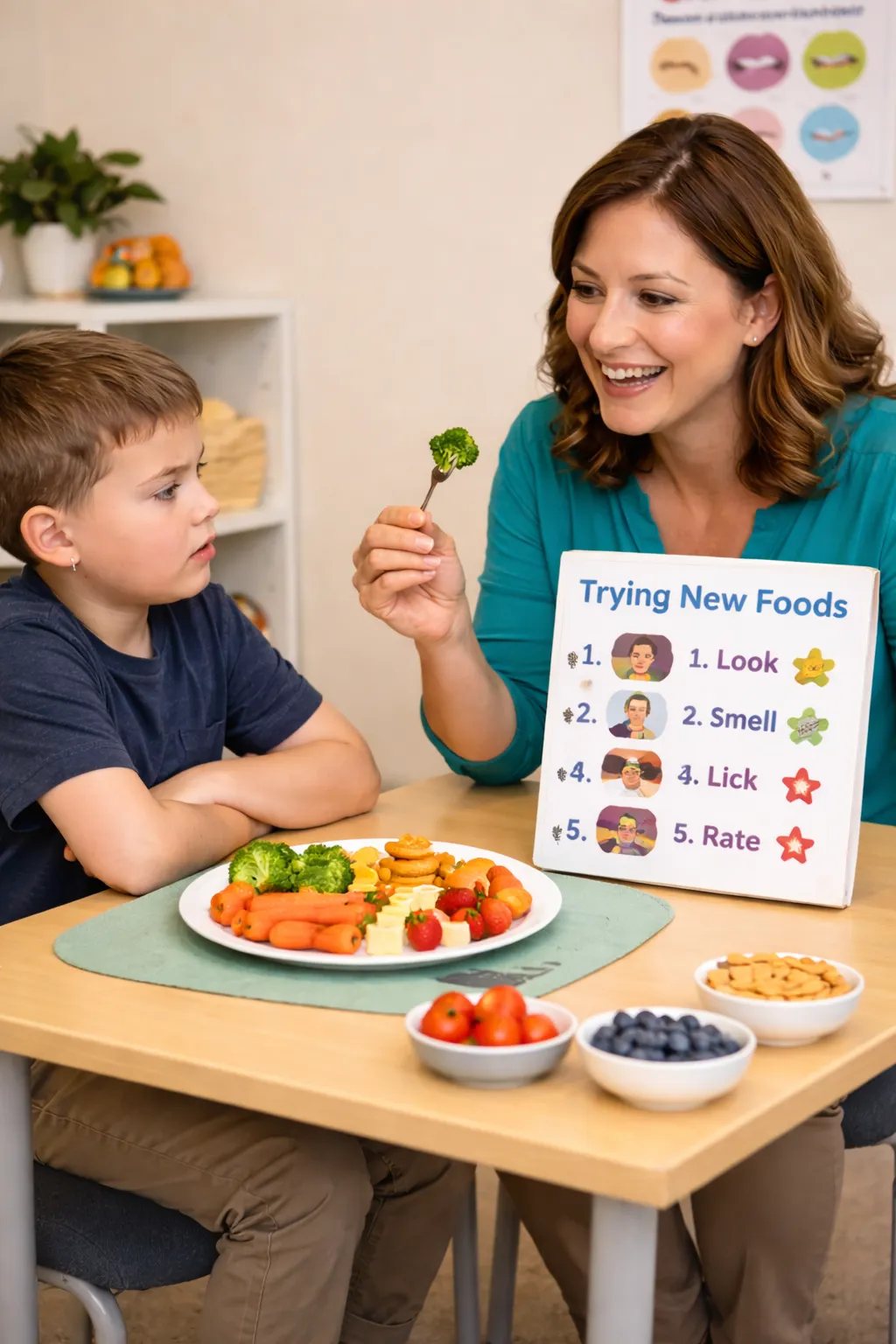 Speech therapist helping a child with picky eating during a play-based feeding therapy session