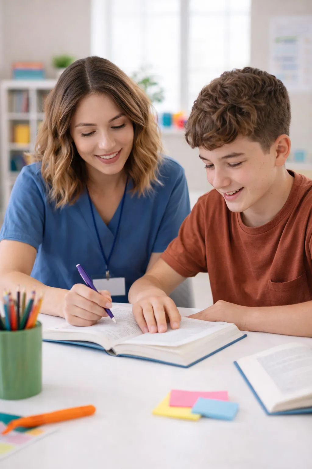 Speech-language pathologist providing Orton-Gillingham reading intervention to a teenage student in Kansas City