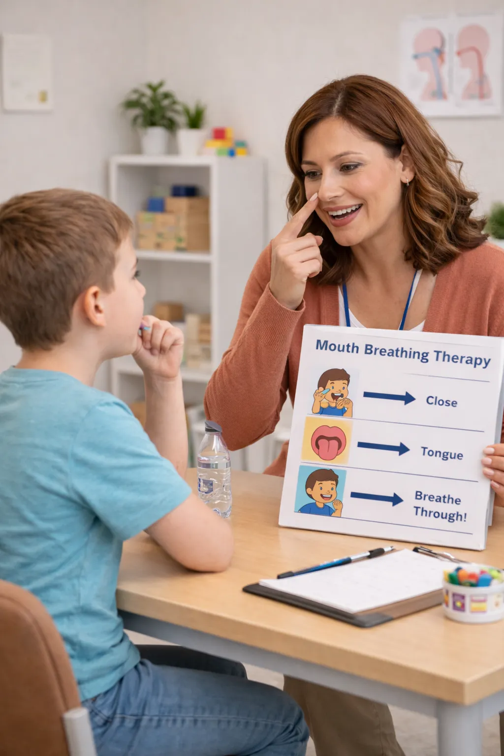 Speech therapy session using a breathing chart to address mouth breathing