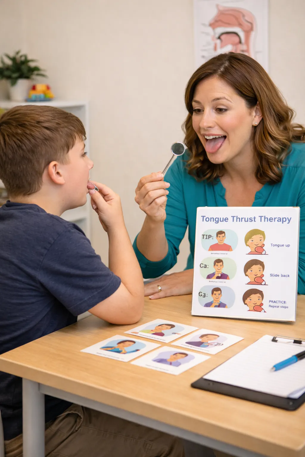 Therapist demonstrating tongue thrust correction technique during a therapy session
